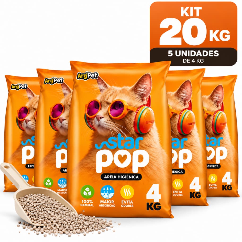 Kit 5 Areia Sanitária Star Pop Tradicional 4kg Total 20kg Argila Natural Grãos Médios Alta Absorção Controle de Odores