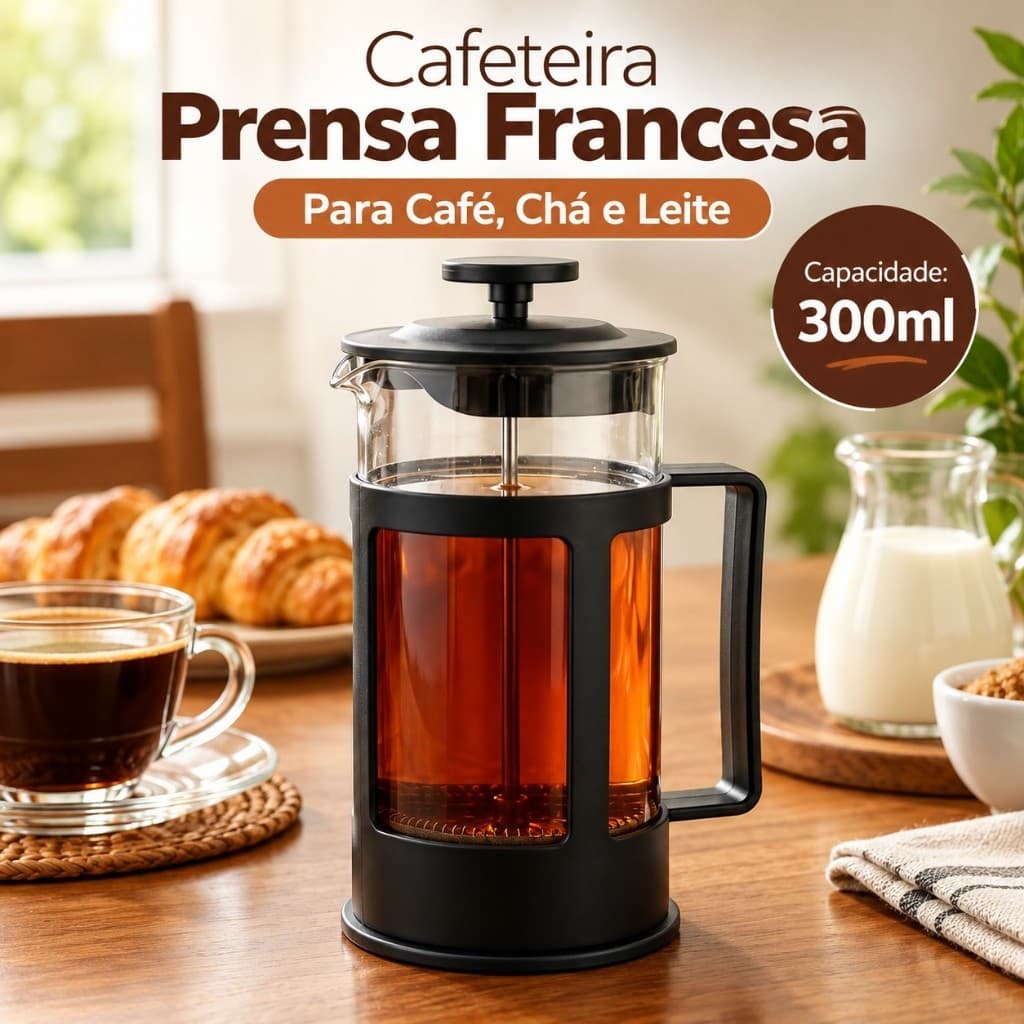 Cafeteira Prensa Francesa Café Expresso Leite Cremoso Bule Chá 300ml 6 Xícaras Goumet Cremeira