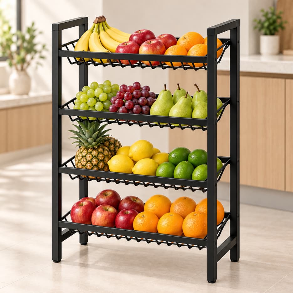 Fruteira de Chão Multiuso Compacta Industrial Vertical 4 Cestos Organizadores Estrutura em Aço Preta para Cozinha