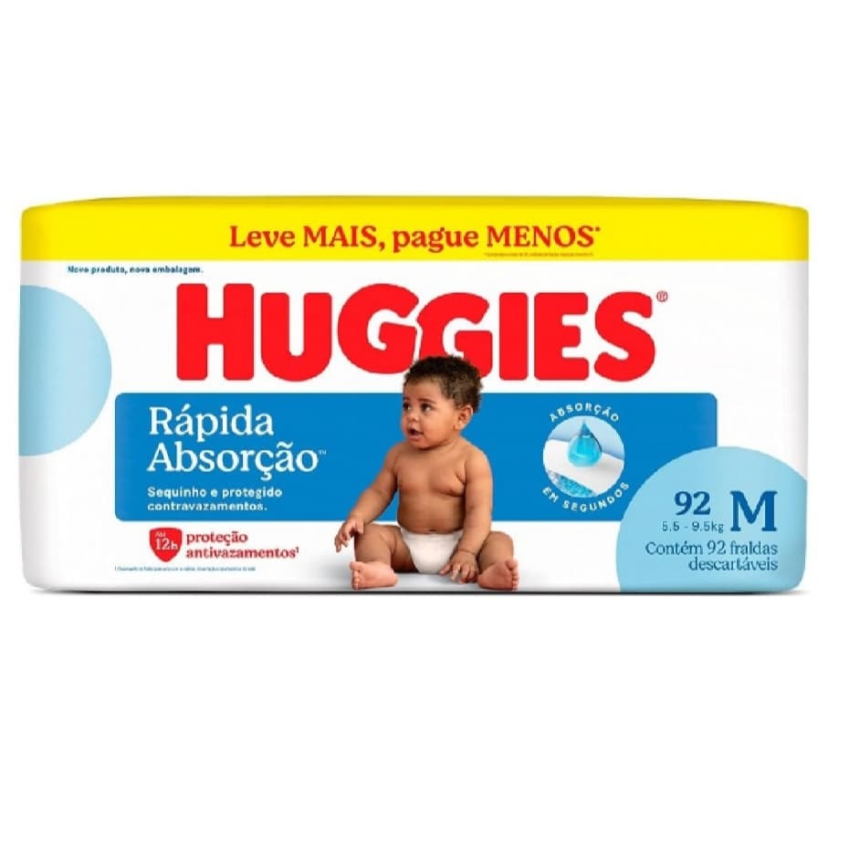 Fralda Huggies Rápida Absorção  Trilpla Proteção Hiper Pacotão M C/92 Unidades