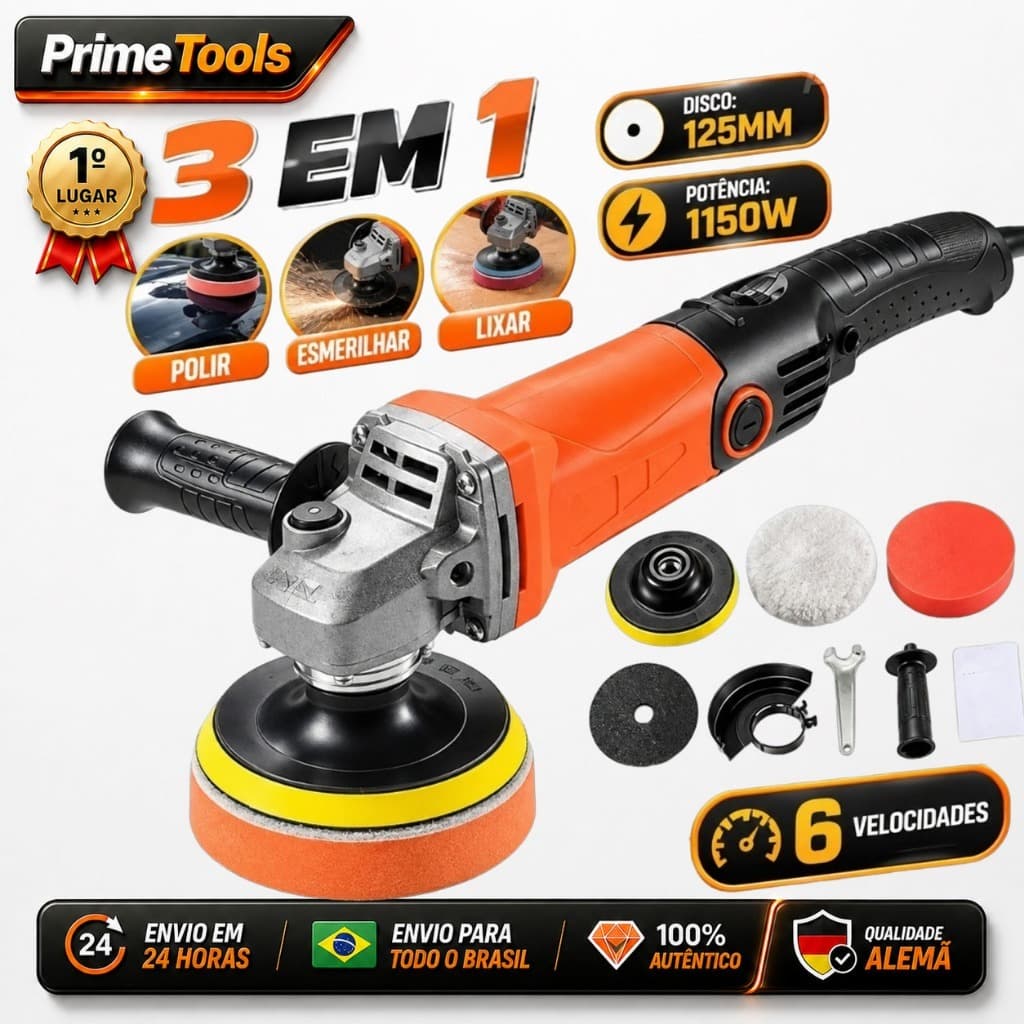 Esmerilhadeira Politriz e Lixadeira 3 em 1 125mm 1150W 6 Velocidades para Polimento Corte e Lixamento