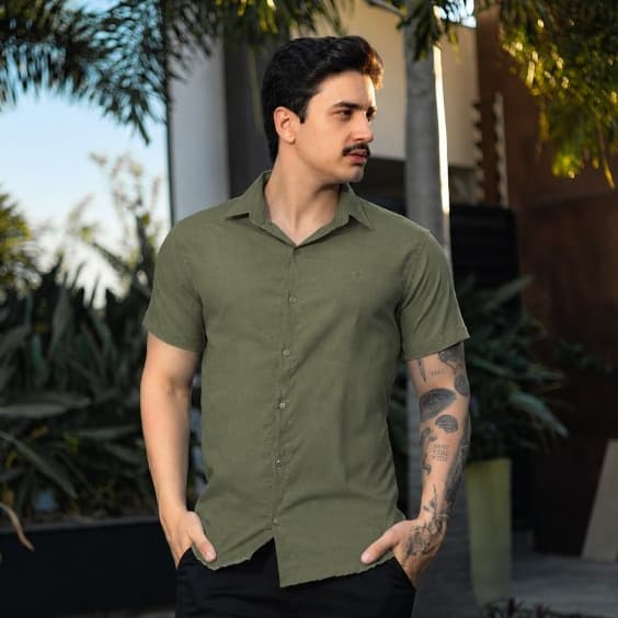 Camisa Masculina Social Manga Curta Lycra Slim Não Amassa