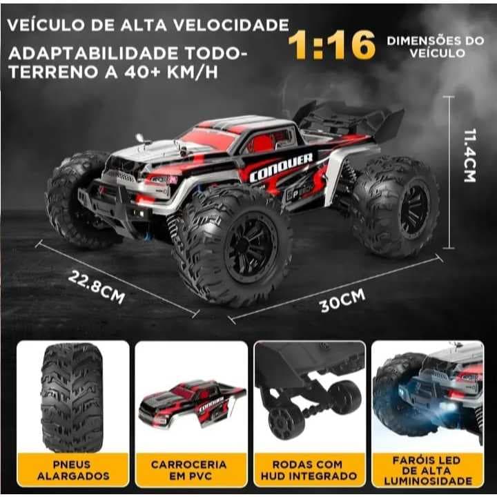Carrinho Controle Remoto 50km/h 4X4 Automodelo Rc Competição Conquer com 1 Bateria Jeep 1:16