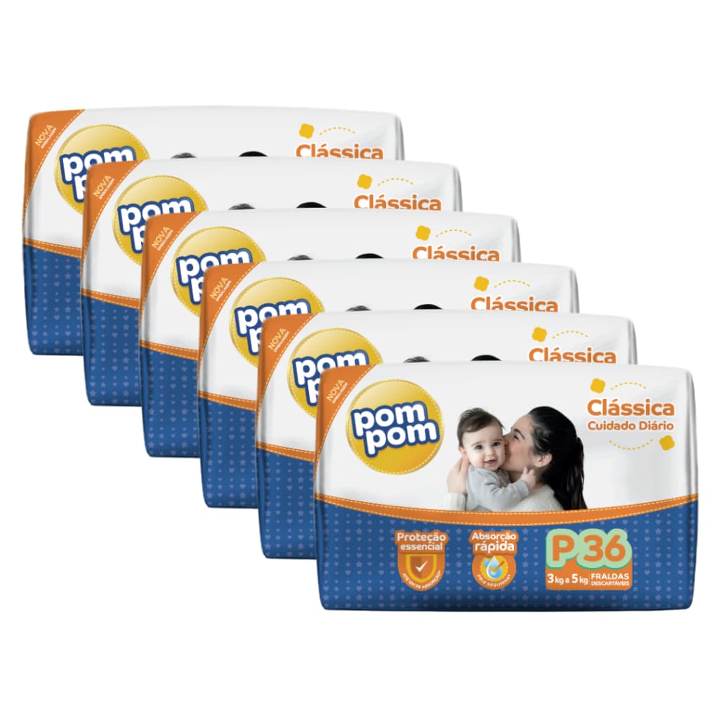 Kit 6 Fralda Descartável Infantil Pom Pom Clássica Cuidado Diário Mega