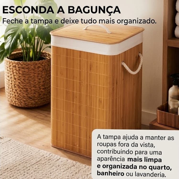 Cesto de Roupas 50L com Tampa e Alça de Bambu Organizador Lavanderia Quarto Banheiro