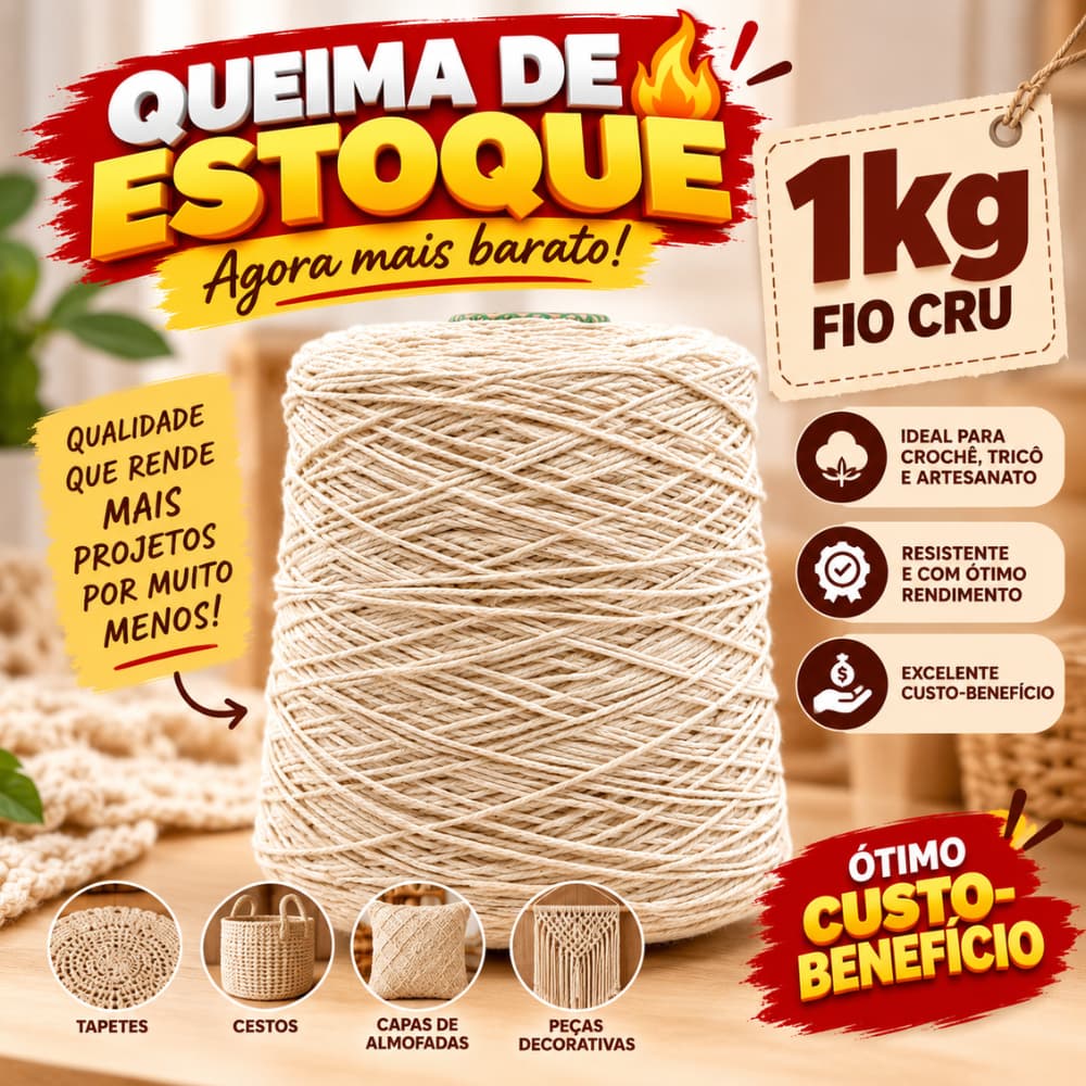 [QUEIMA DE ESTOQUE[ Barbante Cru 1kg Fio para Crochê Tapetes Artesanato Macramê Alto Rendimento