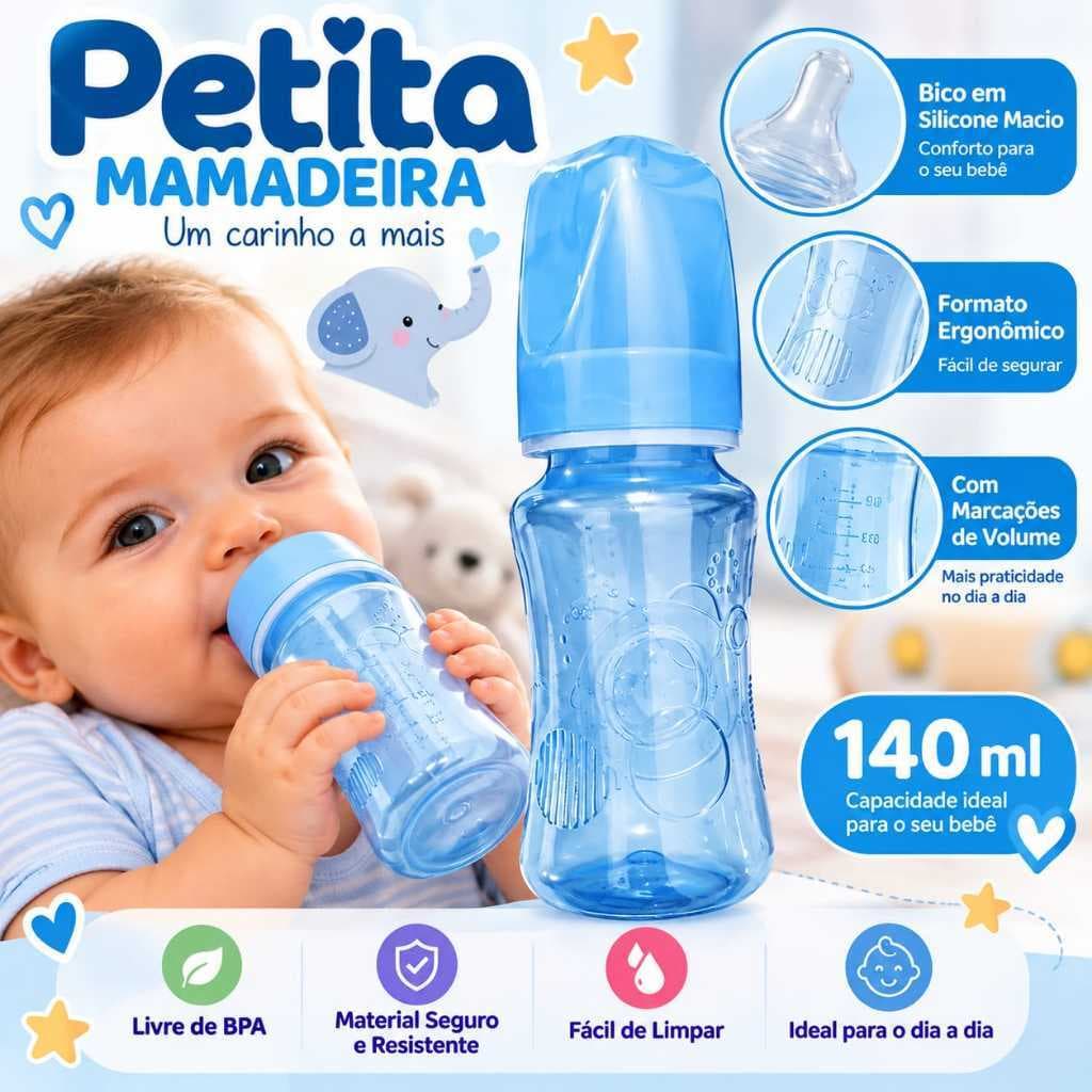 Mamadeira Petita para Bebê 140ml Formato Ergonômico Bico em Silicone Macio Livre de BPA
