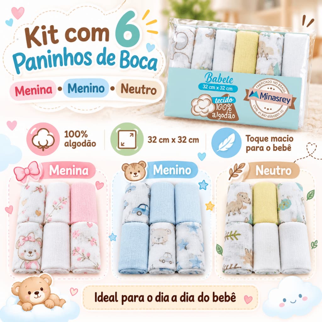 Kit 6 Panos de Boca Babete Fralda de Boca Estampada Enxoval Bebê 100% Algodão 32cm x 32cm Caricia