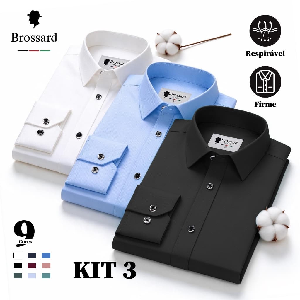 Kit 3 Camisa Social Masculina Algodão Slim Não Amassa e Respirável, Para Presente Trabalho e Culto