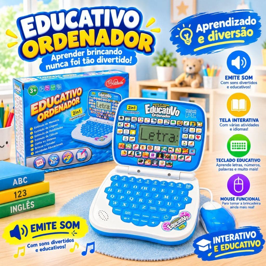 Notebook Infantil Educativo 2 em 1 com Mouse e Som – Brinquedo Educativo