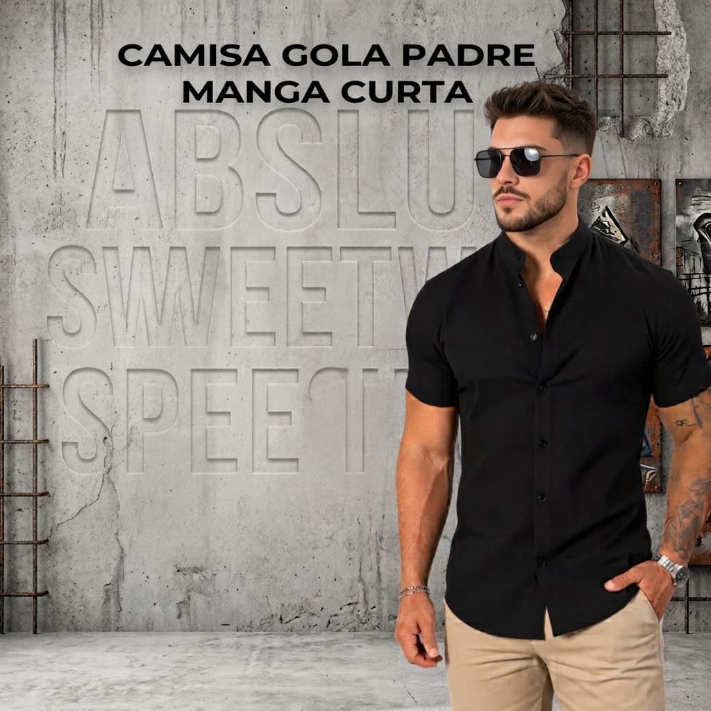 Camisa Masculina Social Gola Padre Manga Curta Slim Fit Leve