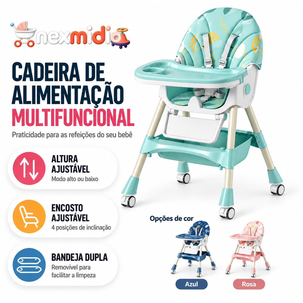 Cadeira de Alimentação para Bebê Dobrável com Encosto Reclinável, Altura Ajustável e Bandeja Dupla