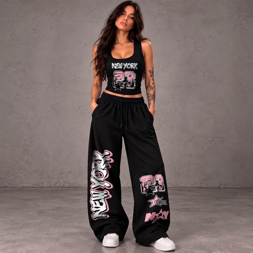 Kit Conjunto Feminino Regata Suplex e Calça Wide Leg Moletom New York 23 Estilo Basquete Streetwear Y2k