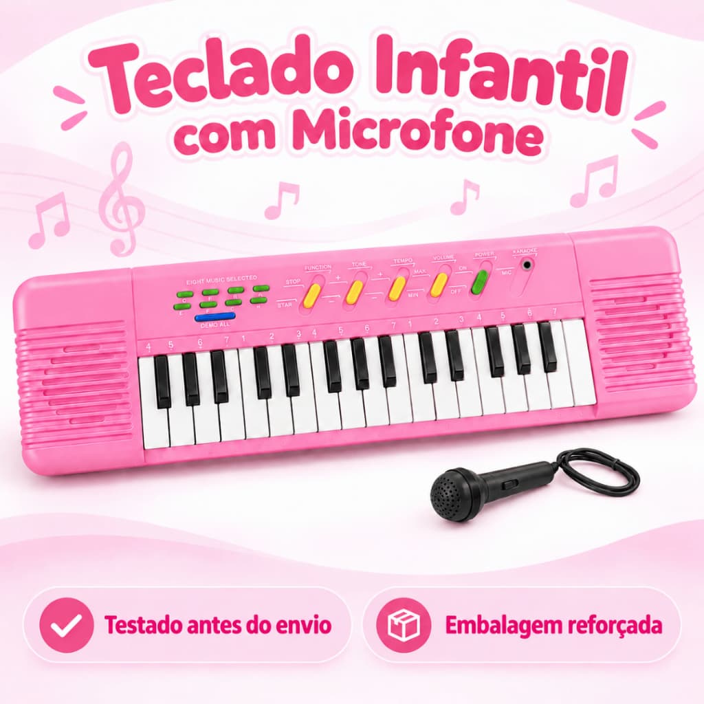Mini Teclado Piano Infantil Rosa com Microfone Karaokê 32 Teclas Brinquedo Musical Educativo