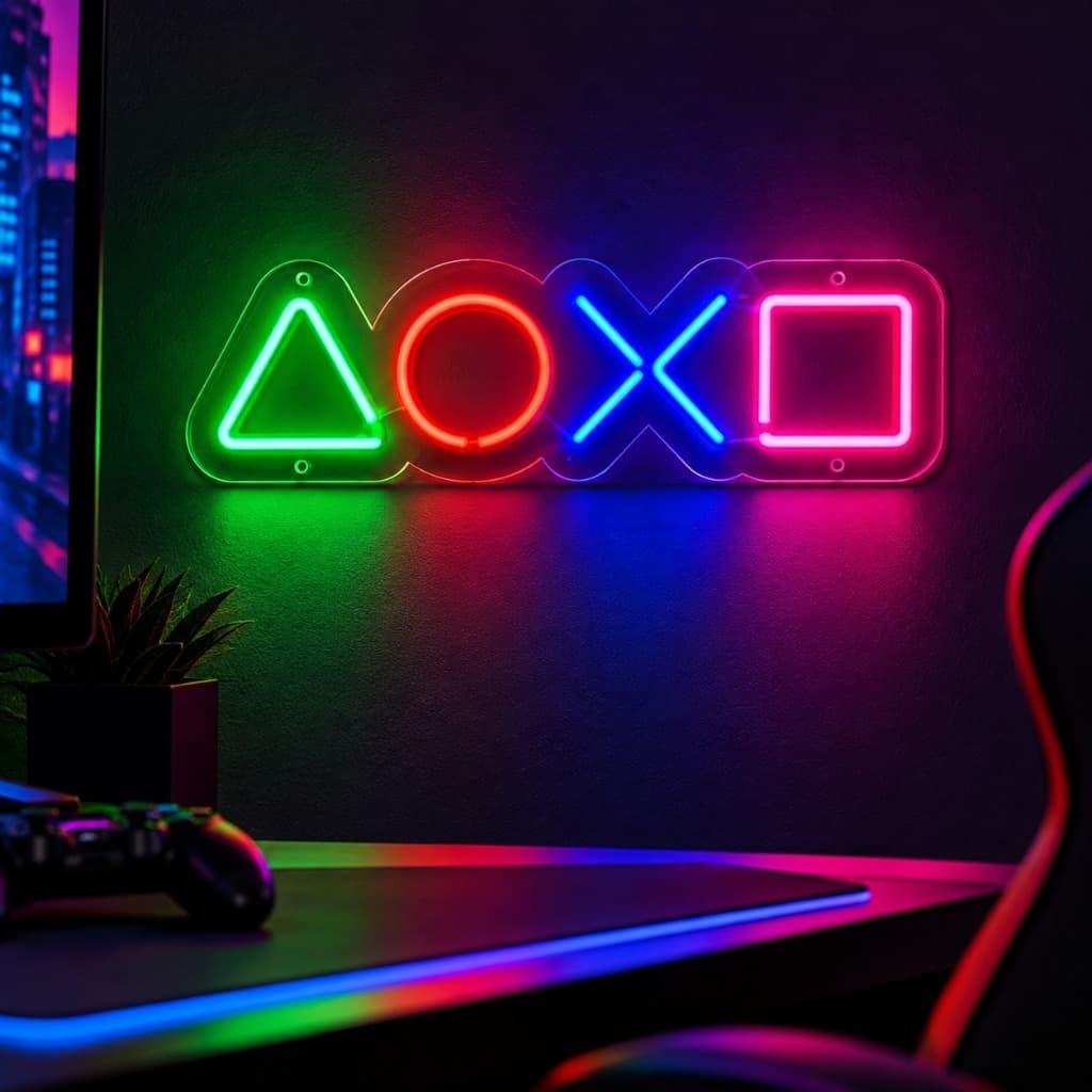Painel Neon LED Playstation em Acrílico Cristal 4mm - Decoração Gamer 0,52x0,14cm