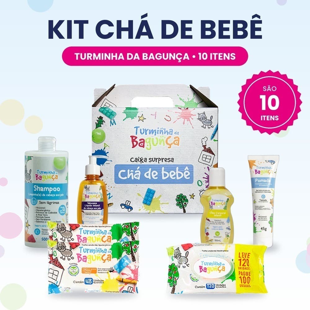 Kit Chá de Bebê 10 Itens Turminha da Bagunça Higiene Bebê Presente Maternidade Shampoo Pomada Toalha Umedecida