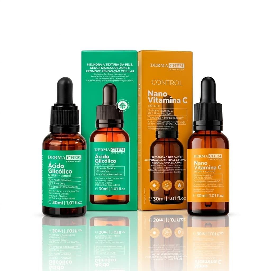 Kit Skincare Dermachem Duo Renovador: Sérum Ácido Glicólico + Sérum Nano Vitamina C Clareador de Manchas