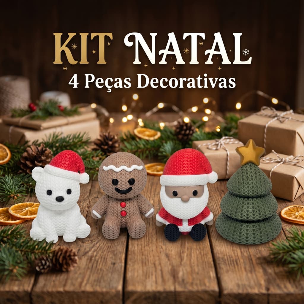 Kit Natal 4 Peças Decorativas Efeito Tricô Crochê Amigurumi Papai Noel Urso Polar Biscoito Gengibre Árvore Mini 6,5cm