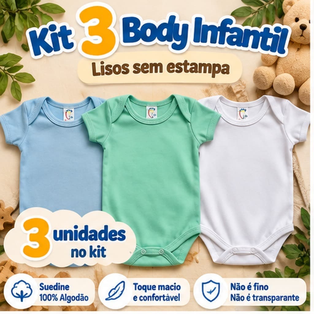 Kit Body Bebê Infantil Básico Suedine 100% Algodão Manga Curta Menino RN P M G Enxoval Roupa Bebê