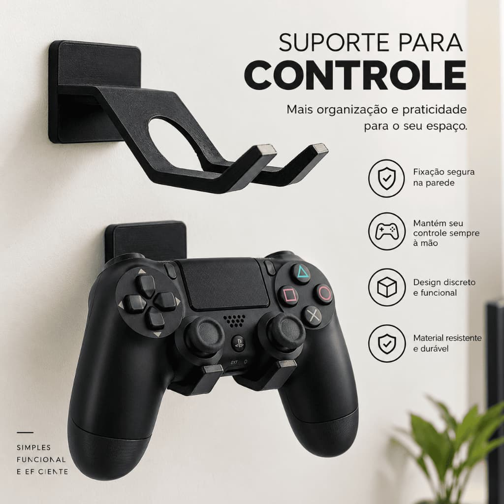 Suporte para Controle de Videogame de Parede Preto com Fixação Segura