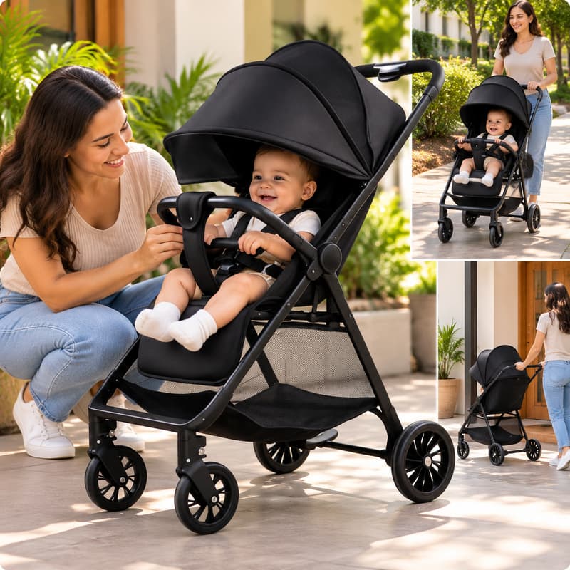Carrinho de Bebê para Passeio Dobrável e Reclinável P4 com Cesto Porta-Objetos e Capota Ampla