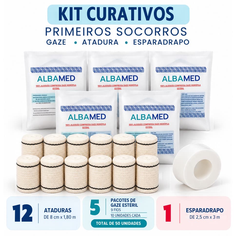 Kit Primeiros Socorros Curativo 12 Ataduras 50 Gazes Estéreis Esparadrapo