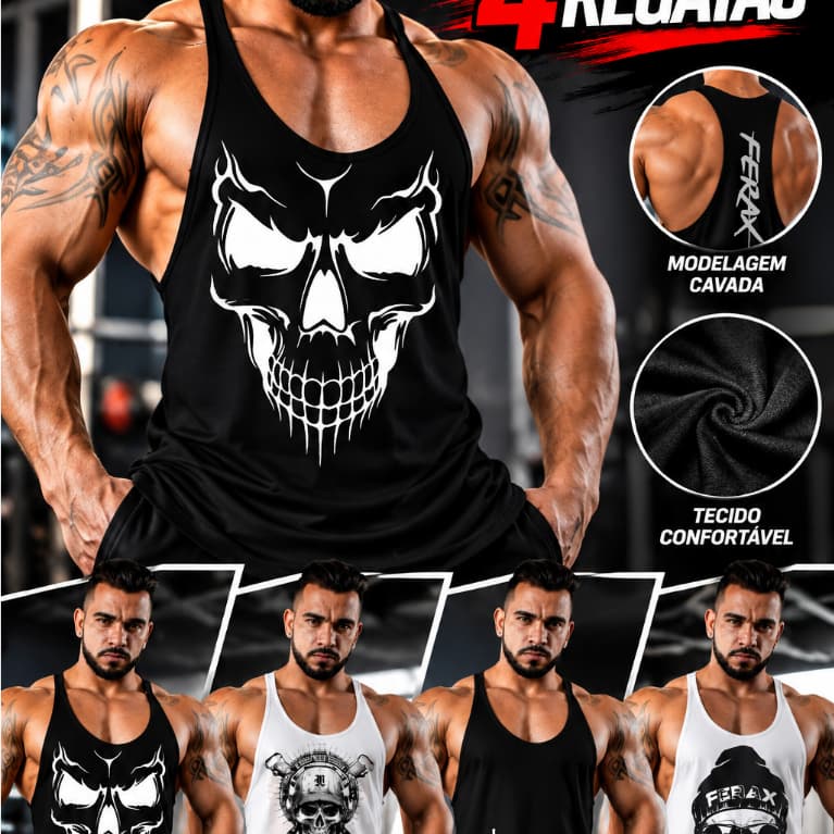 Kit 04 Regatas cavada Masculina Caveira Fitness Musculação Treino