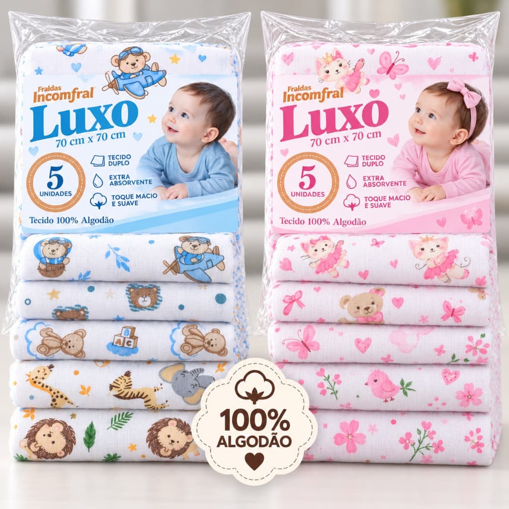 Kit com 10 e 5 Fraldas de Pano de Luxo Estampas Sortidas para Bebês e Recém-Nascidos 70x70cm 100% Algodão Duplo