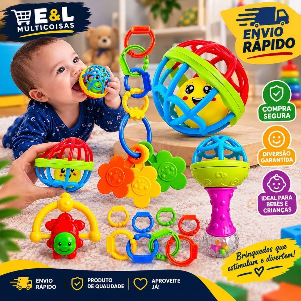 Kit 8 Brinquedos para Bebê Chocalho Mordedor de Silicone Macio Bola Colorida Móbile Infantil Menino Menina Educativo.>