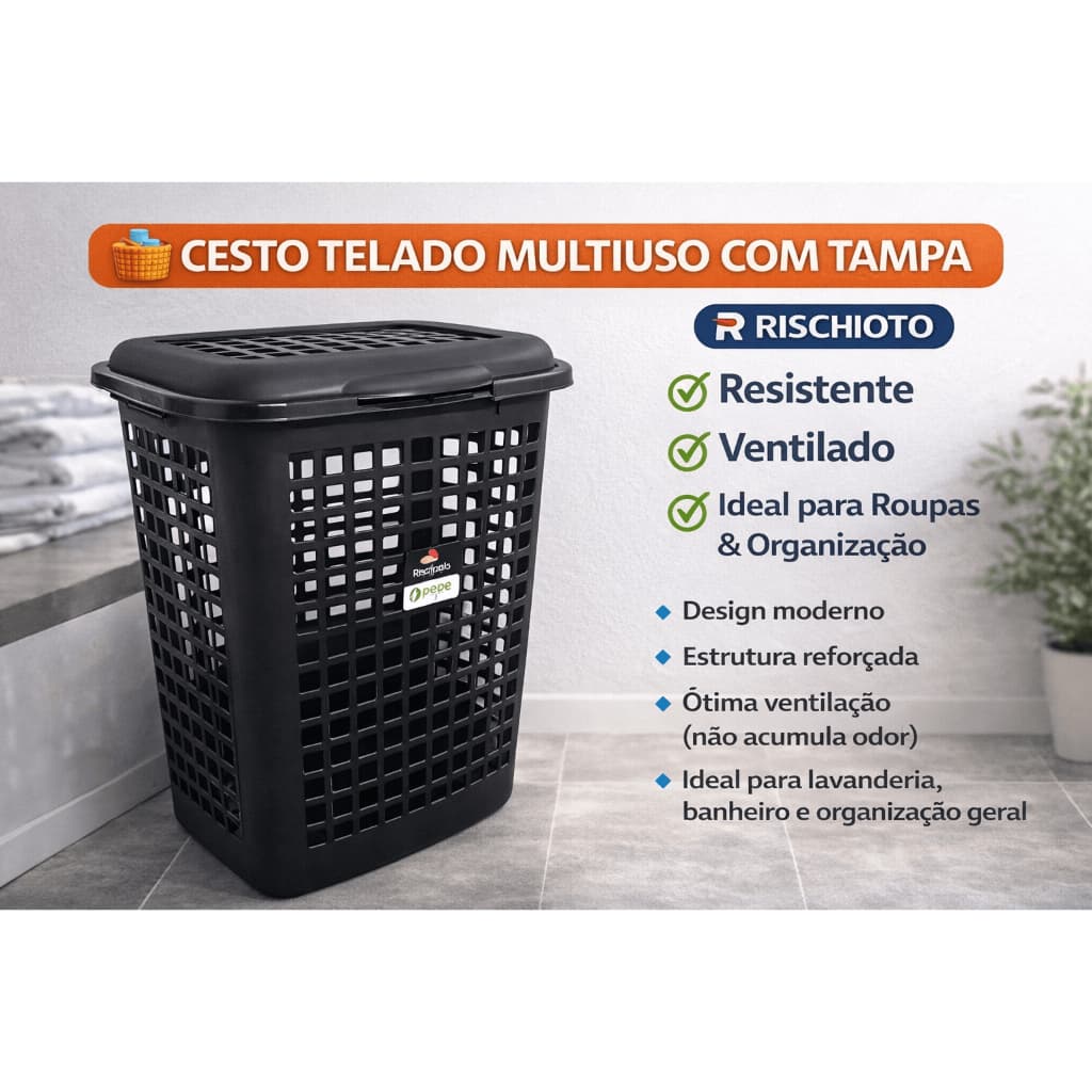 Cesto Organizador Rischioto 60L Preto – Ideal para Lavanderia, Banheiro e Organização