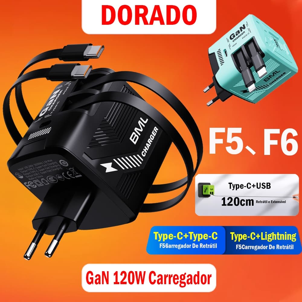 Carregador De Parede Retrátil De GaN 120W Com USB Tipo C Adaptador De Carregamento Rápido PLUG,Cabo De Retrátil 110CM