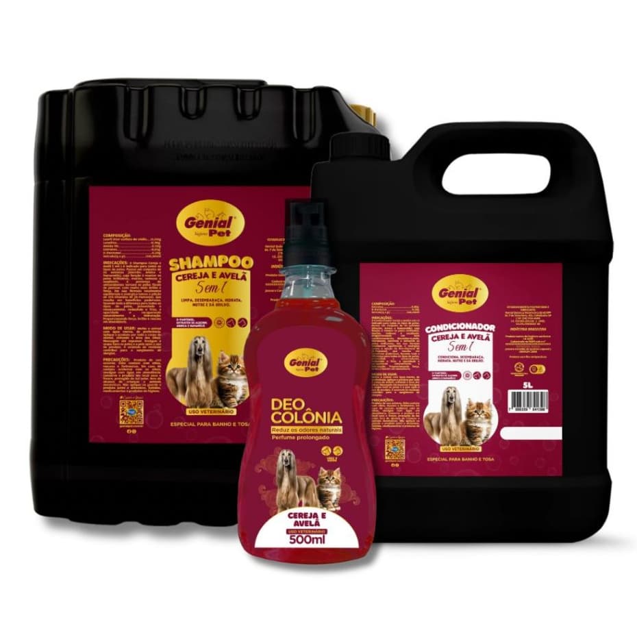 Kit Shampoo 5 em 1, Condicionador Profissional 20L e Colônia Cereja & Avelã para Cães e Gatos - Banho e Tosa