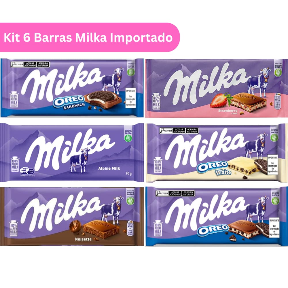 Kit 6 Barras Chocolate Milka 100g Importado (Strawberry, Oreo sandwich, Oreo, Oreo White, Alpine, Noisette)