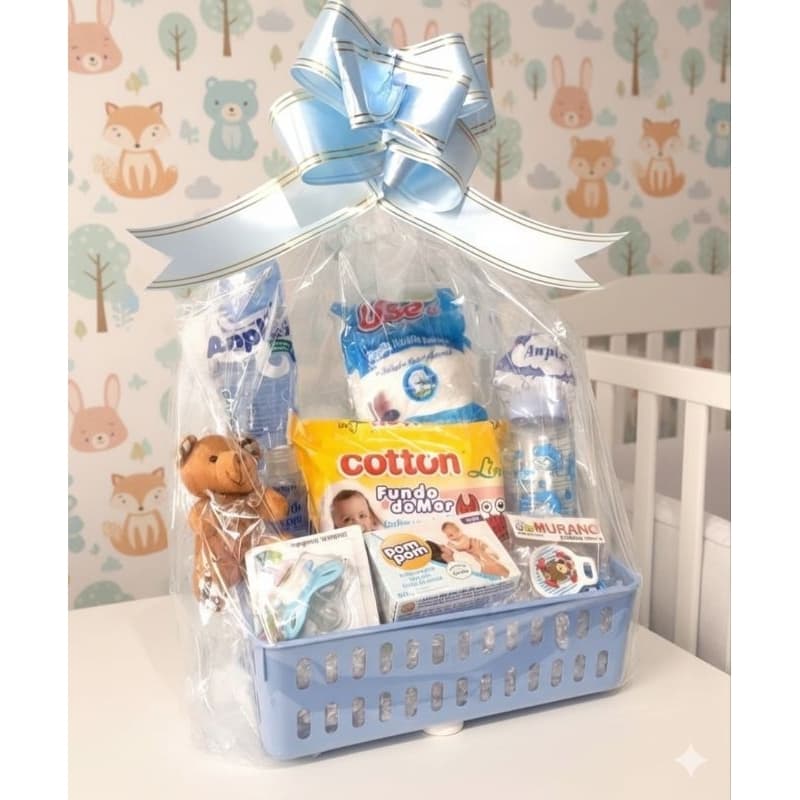 Cesta presente bebê maternidade Kit 12 itens kit chá de bebe lenço umedecido mamadeira recém nascido chá de fraldas enxo