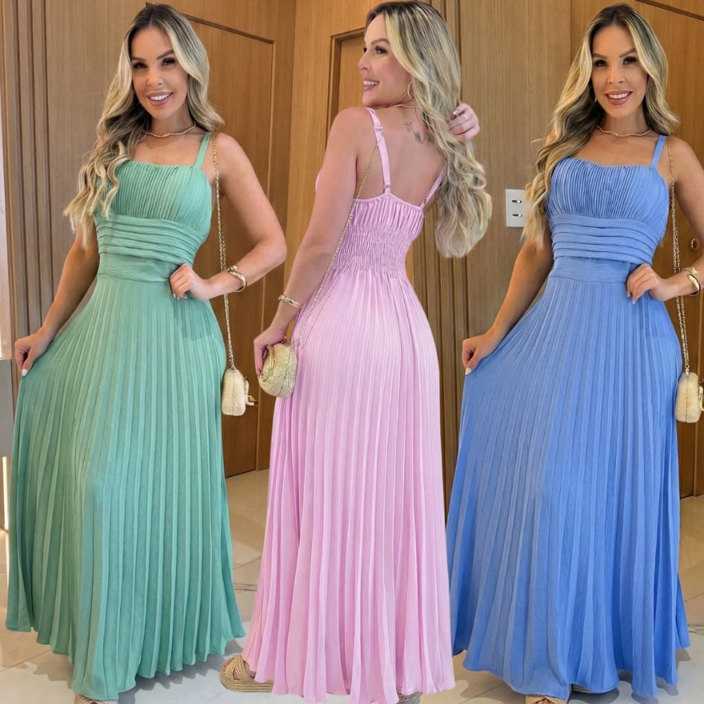 Vestido Feminino Longo Plissado Estiloso Luxo Elegante Para Festa Casamento Com Bojo Forro Alça Regulável Vestidos