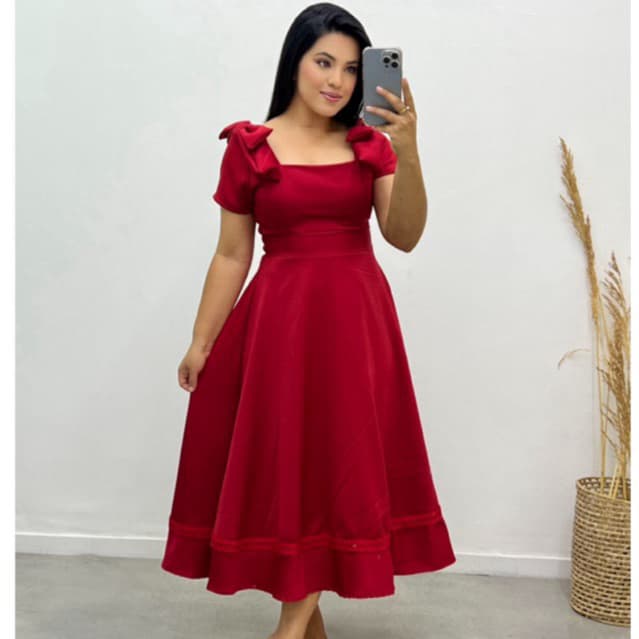 Vestido Midi Feminino Rodado Elegante Manga Curta Festa Casual