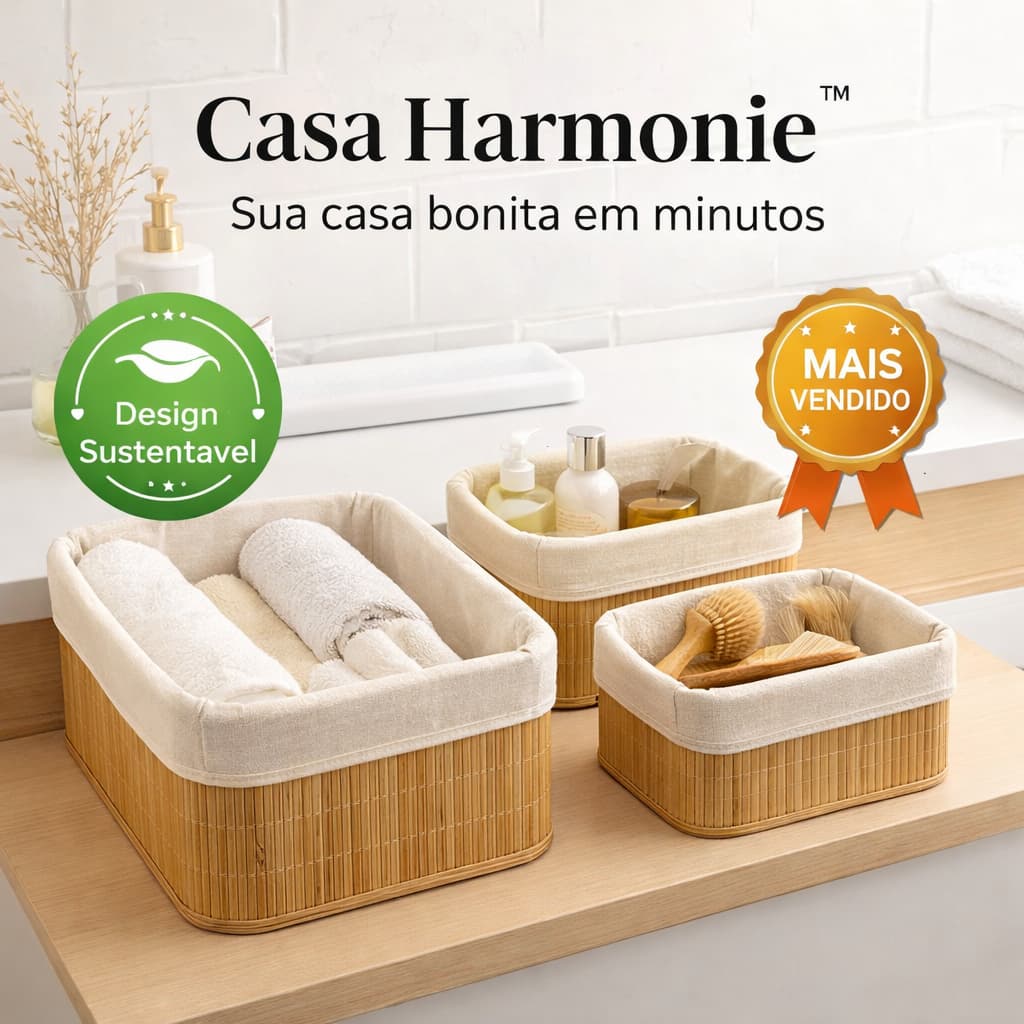Conjunto 3 Cestos Organizadores Bambu Natural Multiuso Caixa Organizadora Banheiro Cozinha Quarto Lavanderia Decoração