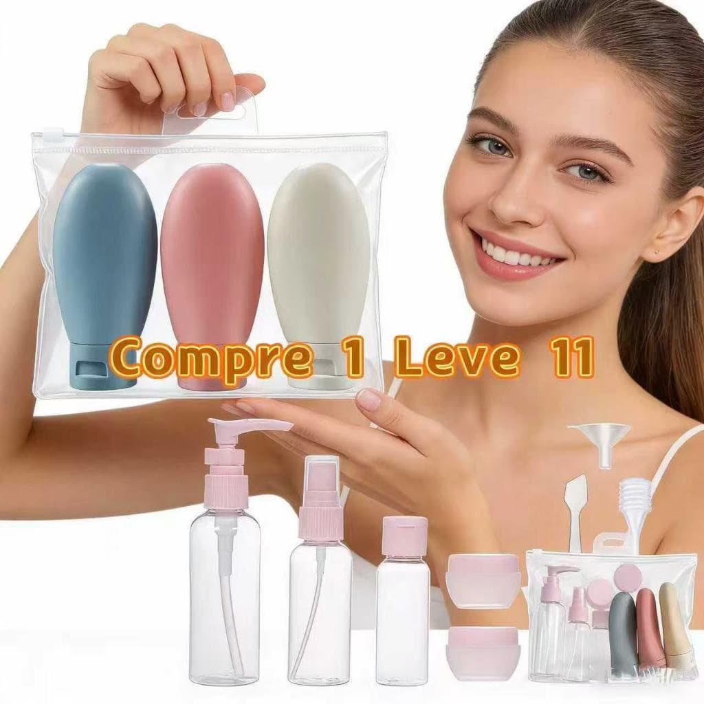 Kit Viagem 11 Peça Higiene Pessoal Shampoo Creme Hidratante Frasco Pote Spray