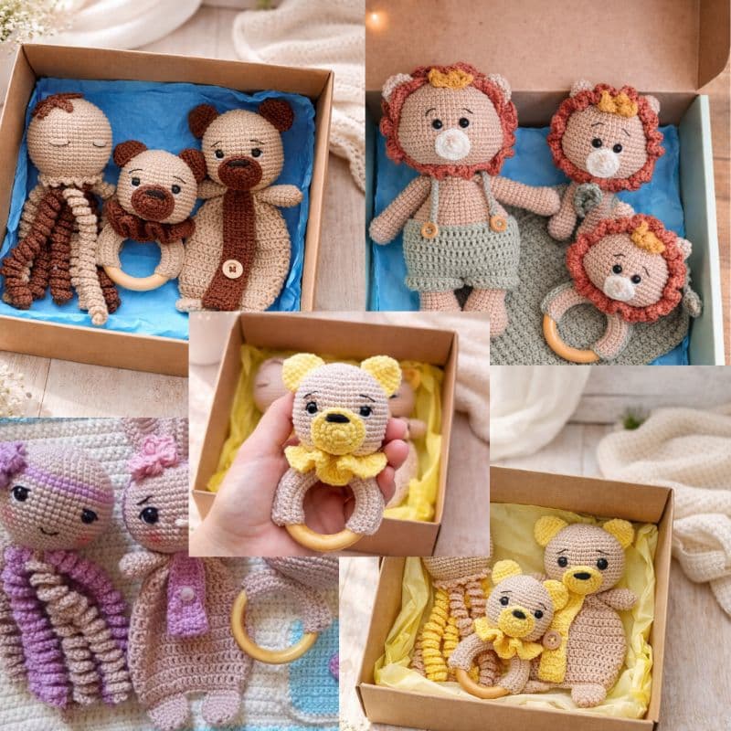 Kit Naninha de Bebê Amigurumi 3 Peças com Polvo de Crochê e Chocalho Artesanal Maternidade