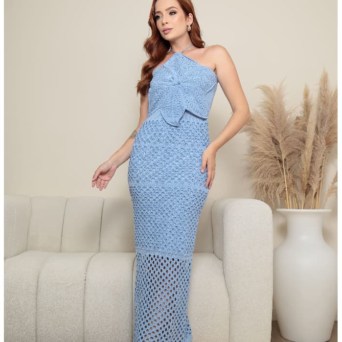 Vestido Feminino Tricot Longo Rendado Com Flor Forro Amarração Roupa Feminina Vestidos