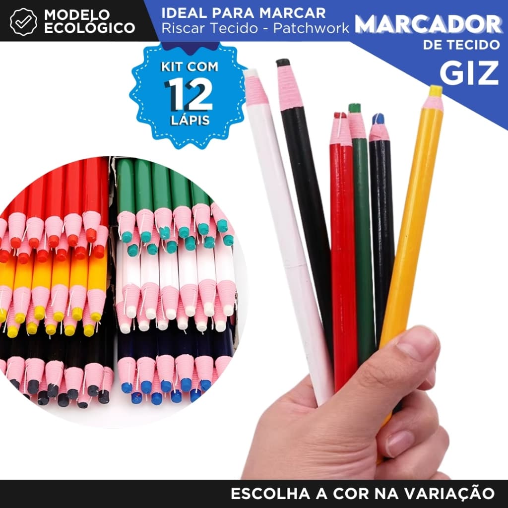 Kit Marcador de Tecido -12 Lápis - Costura Patchwork - Modelagem - Risco Apagável Alta Precisão - NL