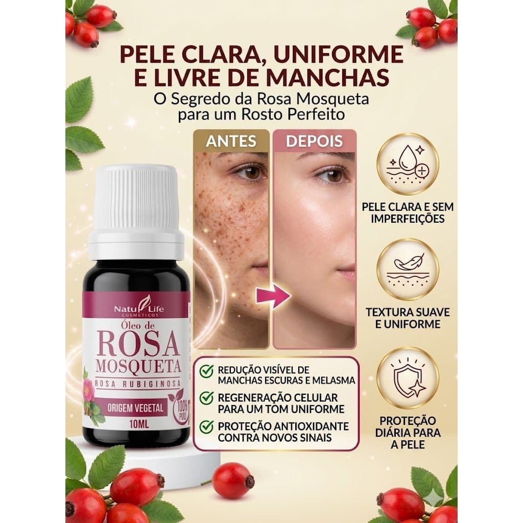 Óleo de Rosa Mosqueta RUBIGINOSA  Para Pele 100% Puro - Anti-Idade Manchas Cicatriz Rugas Hidratação Facial Uniformiza