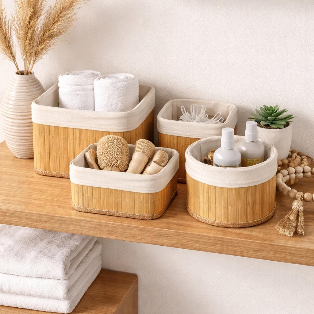 🔥 Kit 4 Cesto Organizador Bambu com forro Multiuso Premium Banheiro Quarto Conjunto Decoração