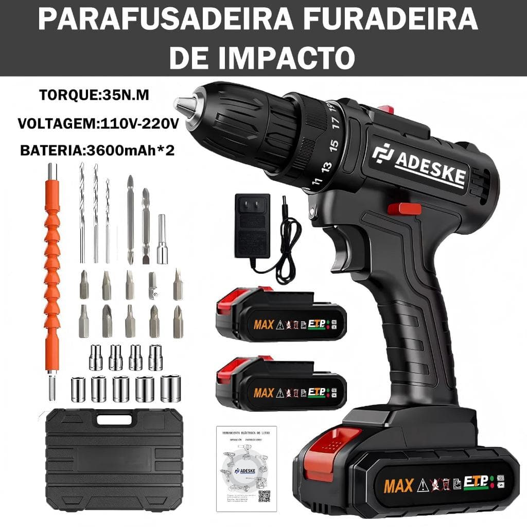 Parafusadeira Furadeira de Impacto Sem Fio Profissional com 2 Baterias e Maleta Bivolt 110v/220v