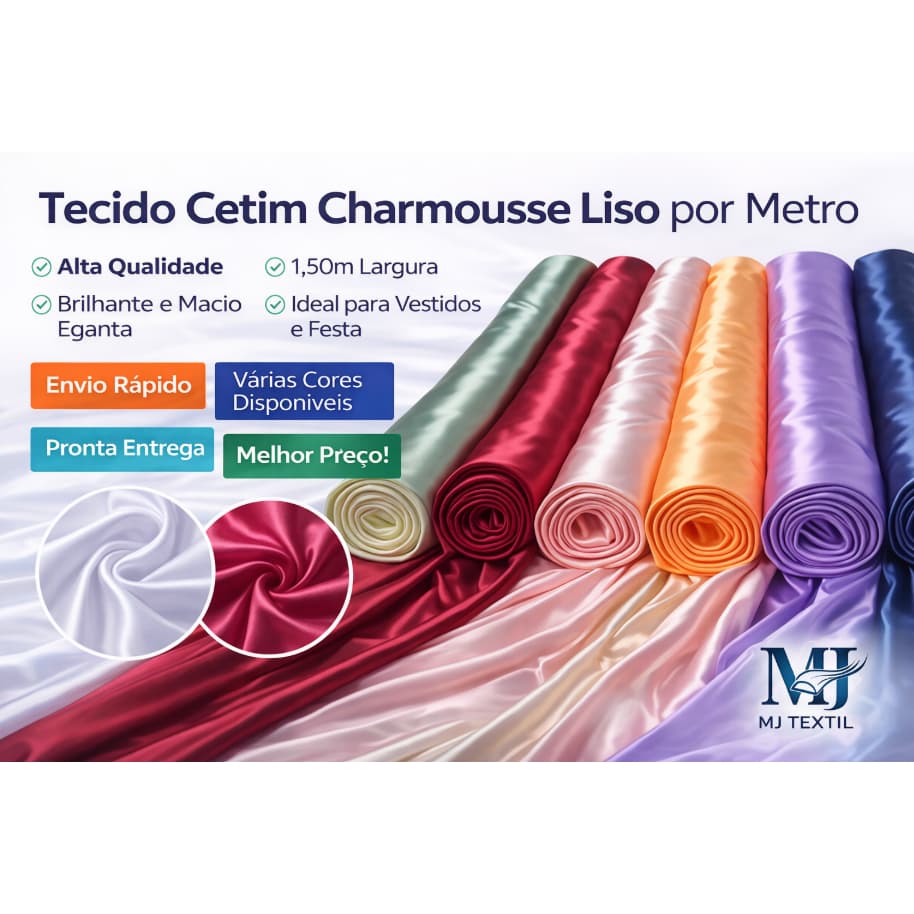 Tecido Cetim Charmousse Liso por Metro 1,50m  Brilho Intenso, Toque Macio, Ideal para Vestidos, Festa, Noiva e Decoração