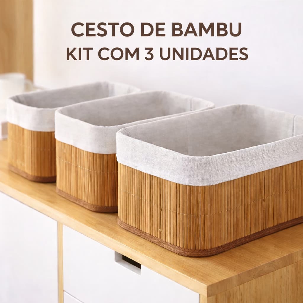 Cestos Organizadores de Bambu Multiuso Premium, Kit com 3 cestos | Organizador para Banheiro, Cozinha, Escritório e Casa