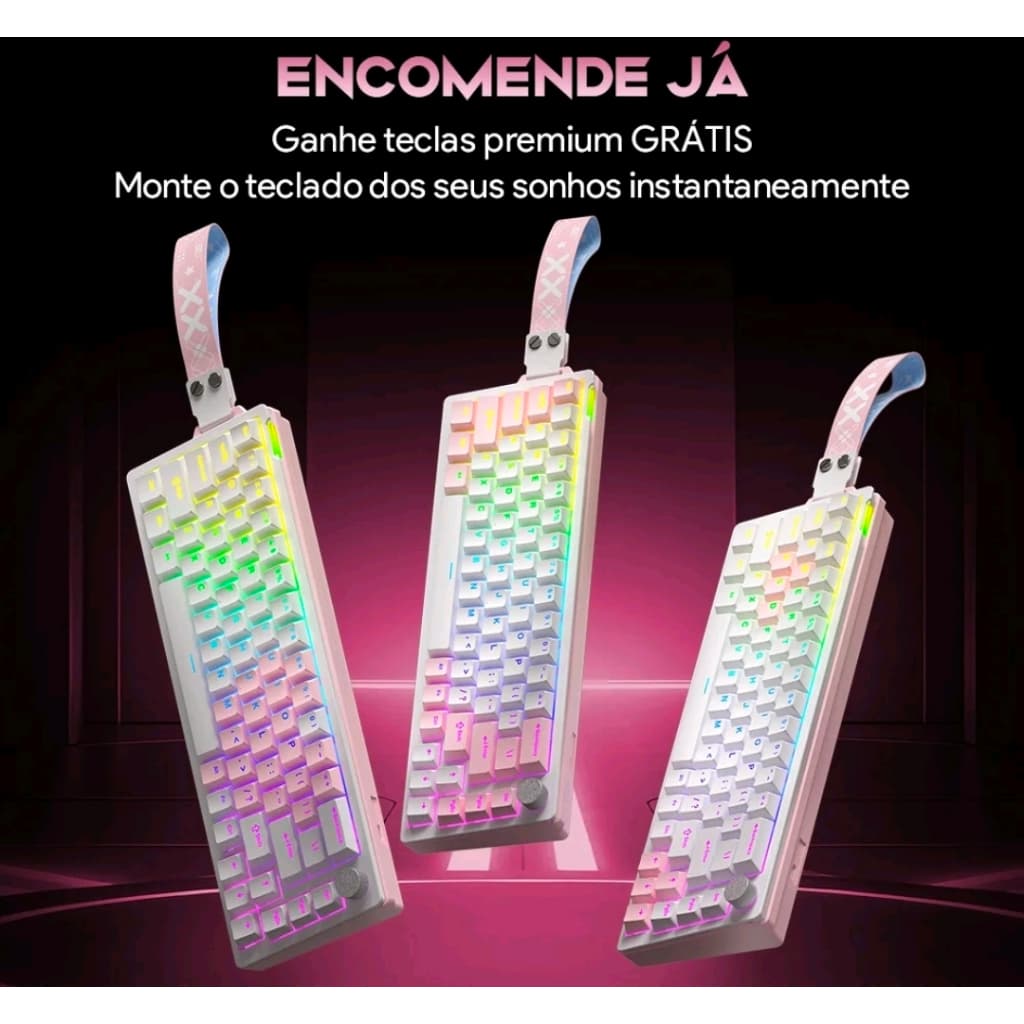Teclado Mecânico RGB Gamer 65% Hot Swap Knob Branco Rosa V68
