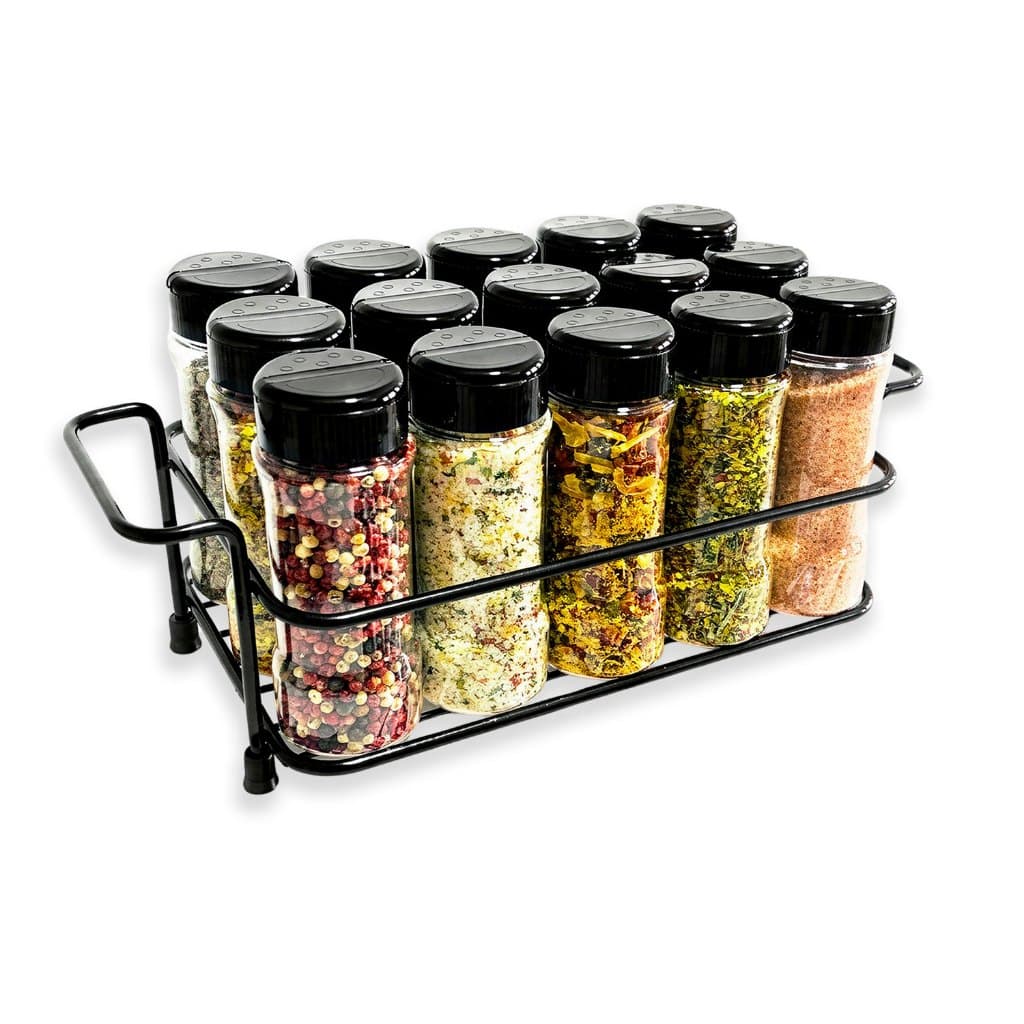 Conjunto de 1 Lindo Suporte Tempero Preto + 15 Potes 130ml com Etiquetas Condimentos Temperos