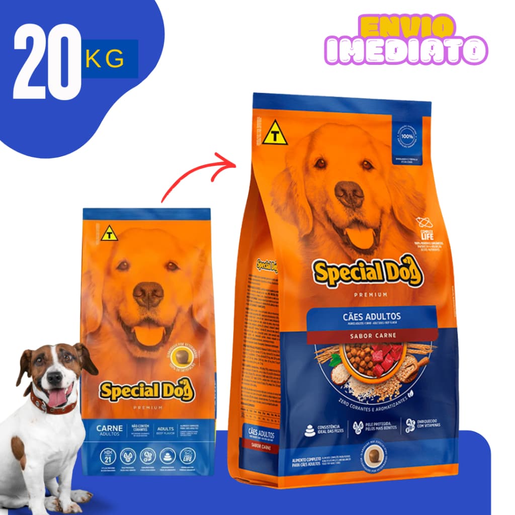 Ração para cachorro Adulto Carne 20kg Com Vitaminas e Ômegas Pele Protegida - Envio Imediato
