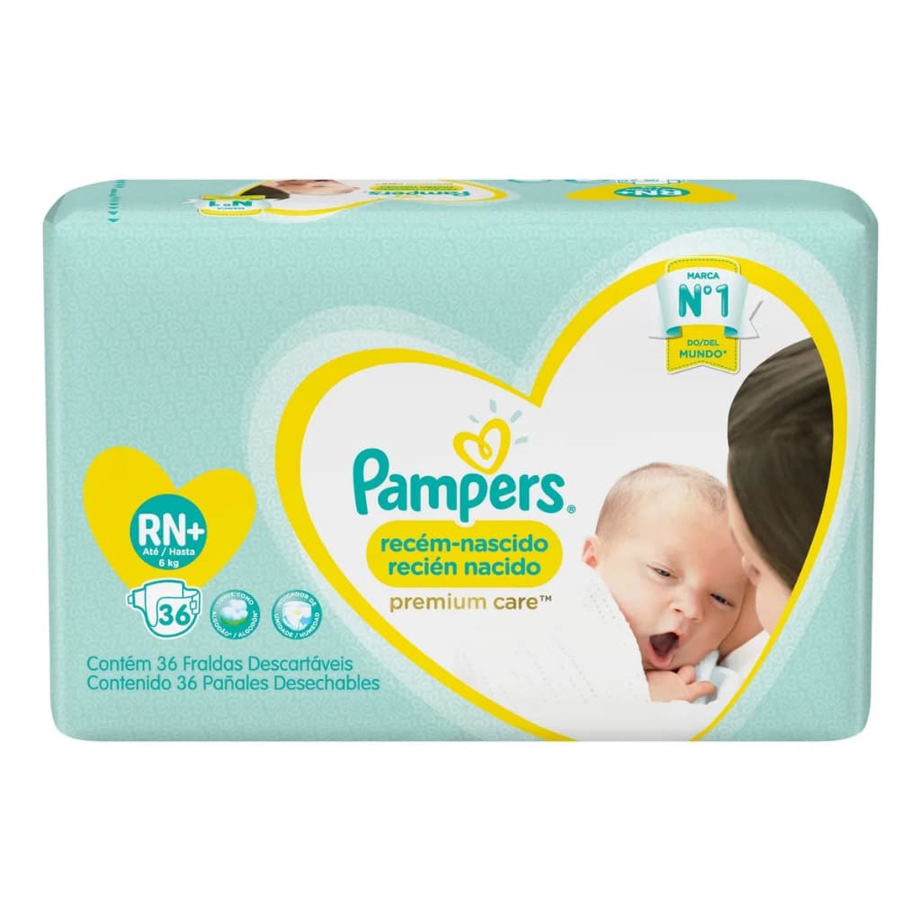 Fralda Pampers Premium Care Tamanho Recem Nascido RN+ Até 6kg 36 Unidades